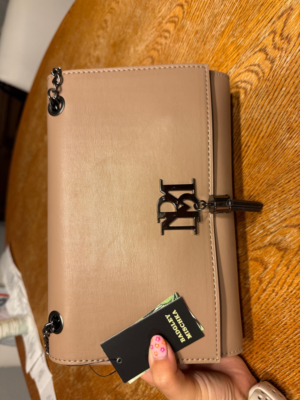Badgley Mischka Blush Leather Shoulder Bag with Logo Tassel